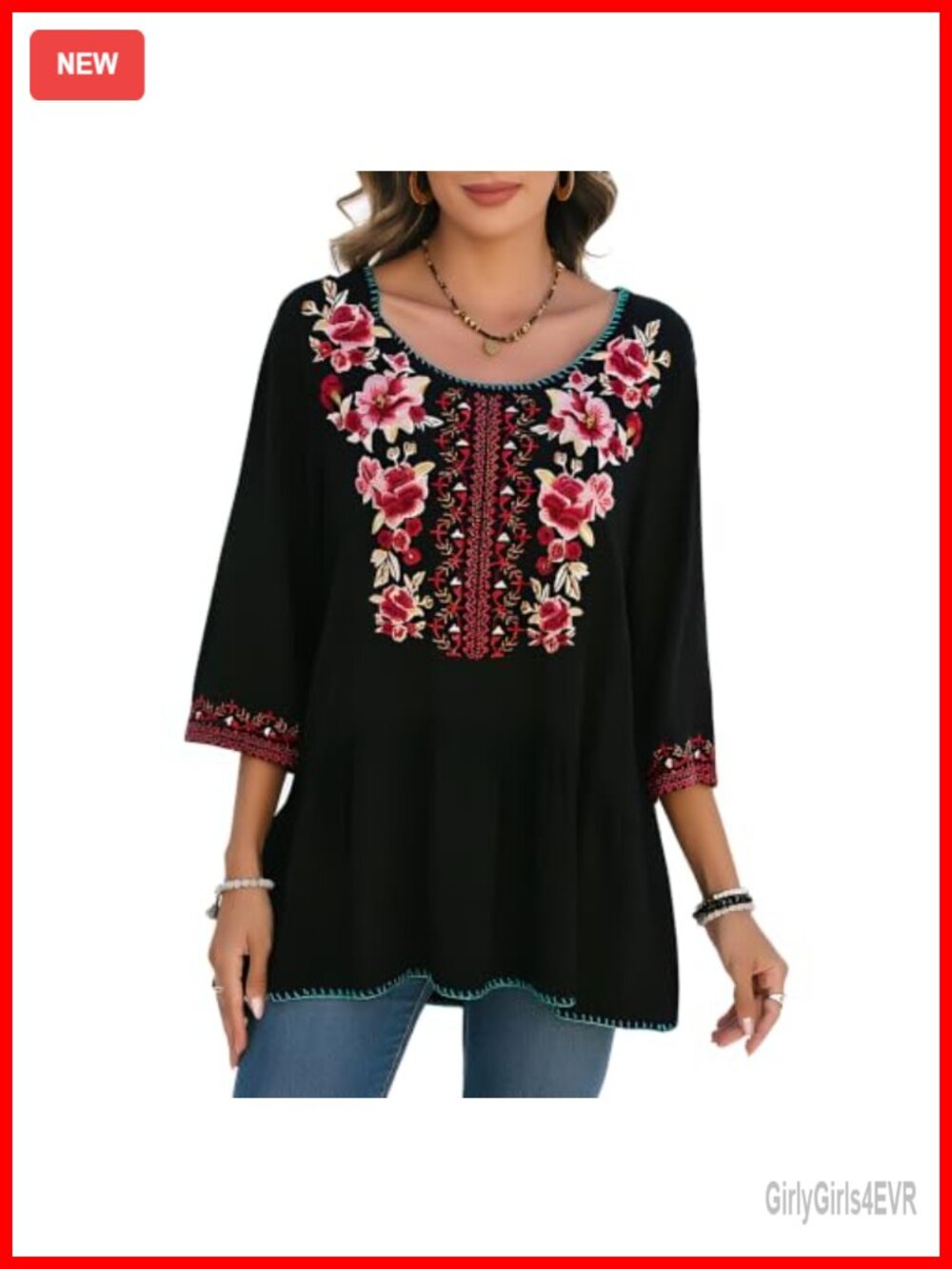 Embroidered Peasant Blouse Cotton 3/4 Sleeve Tunic Top Fiesta Boho